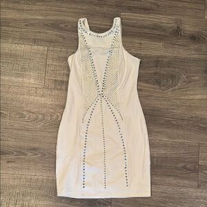 Bebe White Mini Dress with silver embellishments